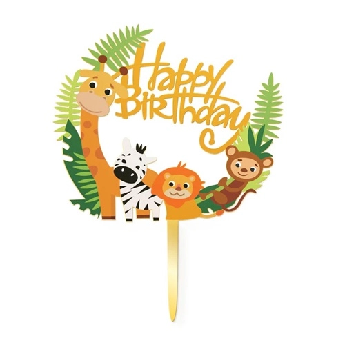 Topper ozdoby na tort napis Happy Birthday zwierzęta lew żyrafa dekoracje urodzinowe safari zoo